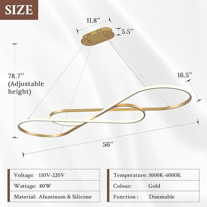 Modern LED Chandelier Gold Dimmable LED Pendant Light for Dining Room Light Fixture Over Table Modern Kitchen Island Lighting High Ceiling with Remote for Living Room(56 Inch, 3000K-6500K)