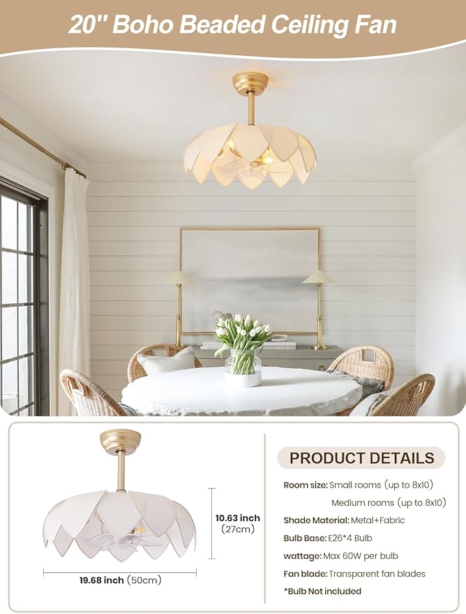 ainqiant 20" Gold Fandelier Ceiling Fans with Lights,Flower Chandelier Ceiling Fan with Light and Remote Control, Boho Fandelier with 6 Speeds for Bedroom, Nursery, Living Room