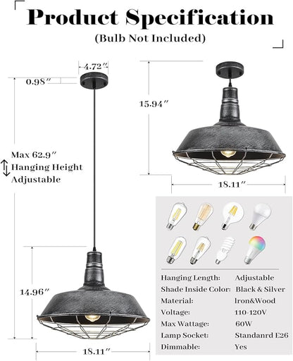 Large Farmhouse Pendant Lights 2 Pack, 18.1 Inch Oversized Industrial Pendant Light, Black and Silver Barn Pendant Light with Wire Cage, Island Pendant Lights for Kitchen Barn Warehouse
