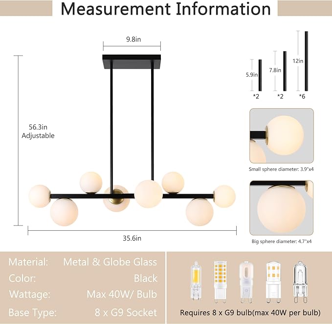 Jonsi Dining Room Light Fixture Over Table, Mid Century Chandeliers, Modern 8 Lights Globe Glass Linear Chandelier Adjustable Ceiling Hanging for Living Dining Room Kitchen Island, Black and Gold