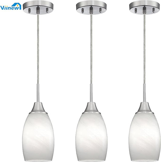 Viinew Mini Glass Pendant Light 4.72" White Swirl Pendant Lights 3-Pack Handblown White Art Oval Glass Hanging Pendant Light for Kitchen Island Dining Room Living Foyer Hallway Entry
