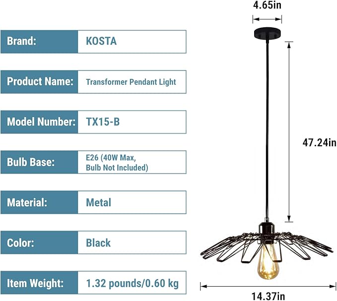 KOSTA Pendant Light, Hanging Light Fixtures with Metal Cage Lamp Shade Covers Decorative, Vintage Retro Industrial Style for Foyer, Bar, Restaurant, 14.4 Inch, E26, Bulb Not Included