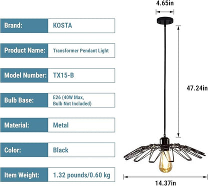 KOSTA Industrial Pendant Lights, Black Hanging Ceiling Lights with Metal Cage for Kitchen Dining Restaurant Room Hallway Hotel Bar, 14.4 Inch, E26, Bulb Not Included, 2-Pack