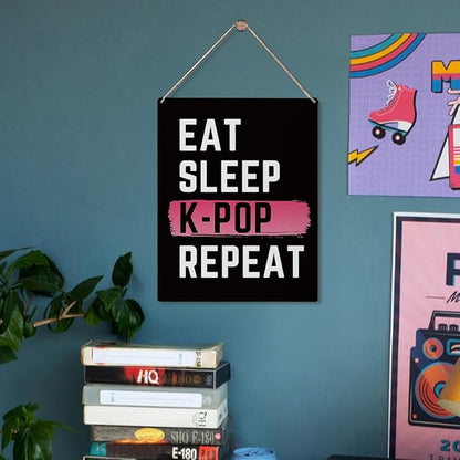 K-Pop Decor, Eat Sleep K-Pop Repeat Room Decor Wood Sign, Girls K-Pop Gifts Rustic Anime Lovers Wooden Hanging Plaque for Home Living Room Girl Bedroom Wall Art Decoration