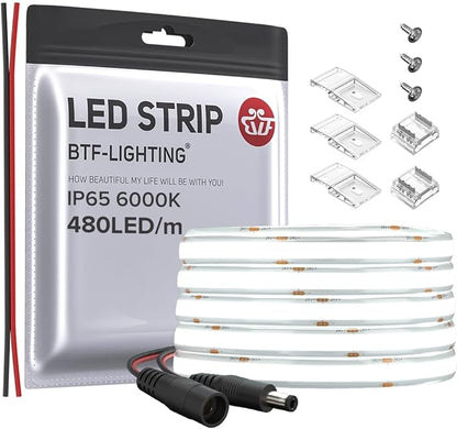BTF-LIGHTING FCOB COB LED Strip IP65 480LED/m Flexible High Density Uniform Light 9W/m 16.4FT DC12V Daylight White 6000K CRI 90+ 8mm Width for Home Indoor Decor(No Adapter or Controller)