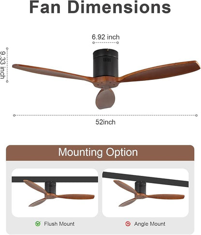 Sofucor 52 Inch Smart Ceiling Fans without Light-Modern Solid Wood Outdoor 3 Blades Ceiling Fan No Light APP Remotel Control for Bedroom Living Room Indoor Farmhouse Patio, DC Motor,Black Walnut