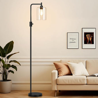 【Upgraded】Dimmable Floor Lamp for Living Room with Glass Shade, Black Modern Industrial Floor Lamp with 900LM LED Bulb Included, Bright Standing Tall Lamp for Bedroom, Office, Reading Room, Corner