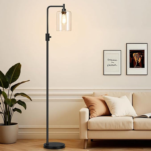 【Upgraded】Dimmable Floor Lamp for Living Room with Glass Shade, Black Modern Industrial Floor Lamp with 900LM LED Bulb Included, Bright Standing Tall Lamp for Bedroom, Office, Reading Room, Corner