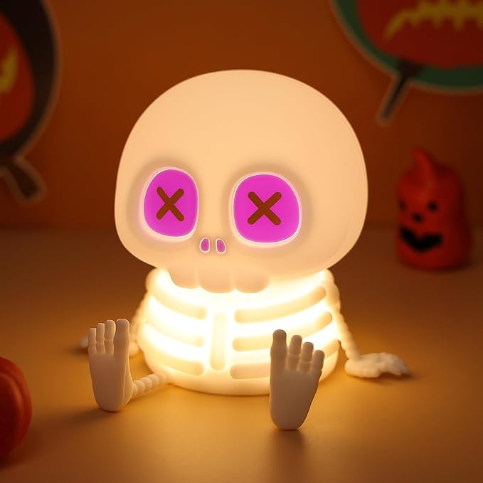 Skull Night Light, Cute Skeleton Lamp, Silicone LED Color Changing & Dimmable Helloween Room Summerween Party Decor, Squishy Rechargeable Bedside Nightlight for Christmas Birthday Gifts