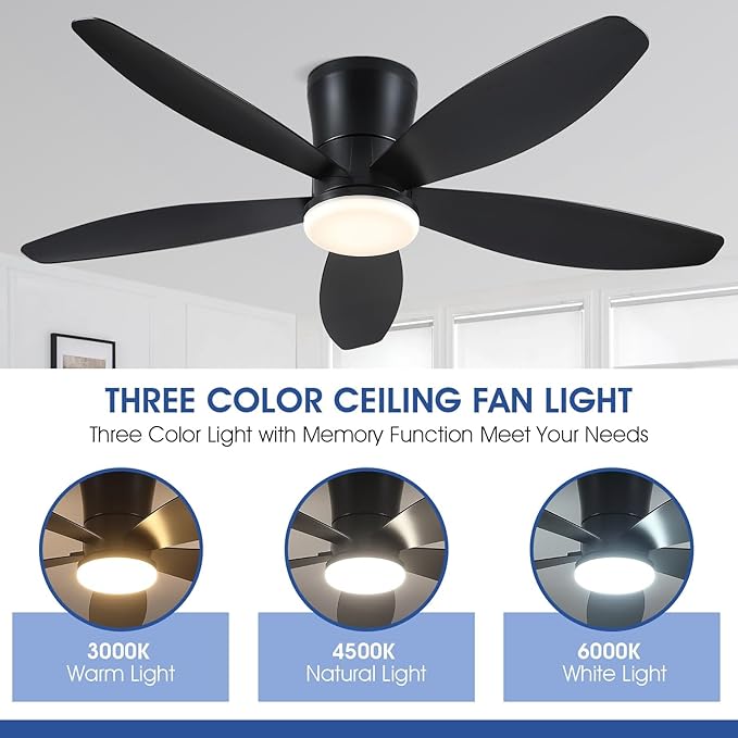 Surtime 48" Ceiling Fans with Lights-Low Profile Ceiling Fan with Light and Remote/APP Control, Black Flush Mount Ceiling Fans,DC Reversible,LED Dimmable