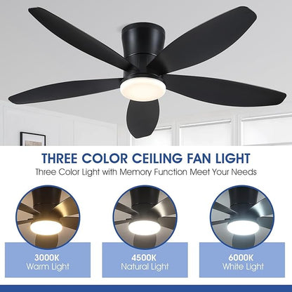Surtime 48" Ceiling Fans with Lights-Low Profile Ceiling Fan with Light and Remote/APP Control, Black Flush Mount Ceiling Fans,DC Reversible,LED Dimmable