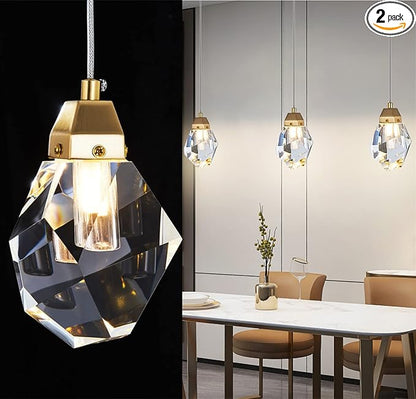 Diamond Crystal Pendant Light, 2 Pack Mini Ceiling Hanging Light in Gold Brushed Brass Finish Prism Crystal Color Changing Led Hanging Light for Kitchen Island Bathroom Bedroom Bar