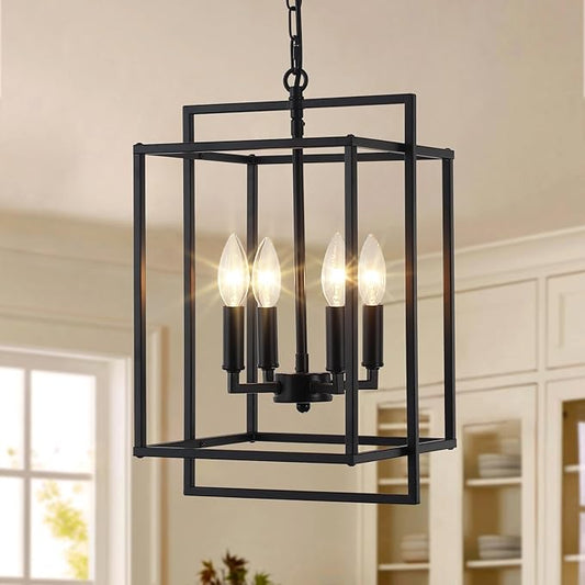 4-Light Black Farmhouse Chandelier Lantern Chandelier Light Fixture for Dining Room Kitchen Island Lighting Modern Pendant Light Fixtures for Bedroom Living Room Foyer