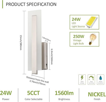 Tipace Hardwired Brushed Nickel Dimmable Modern LED Wall Sconce 2 Packs 3000K 3500K 4000K 5000K 6000K Indoor Wall Lights Up and Down Wall Mount Light for Living Room Bedroom Hallway Corridor(5CCT)