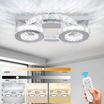 Dimmable Crystal Chandelier Modern Crystal Ceiling Light 3 Rings LED Flush Mount Celiling Light Fixture for Dining Room Bedroom Living Room