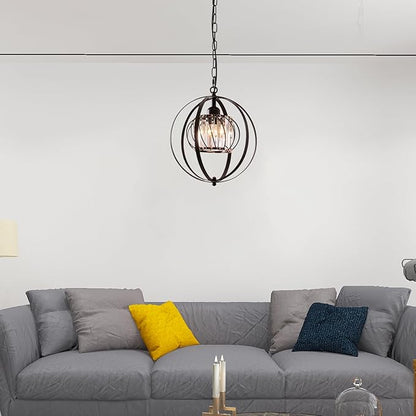FRIXCHUR Black Crystal Pendant Light, Adjustable Hanging Light Fixture with Pumpkin-Shaped Crystal Shade, E26 Base Metal Lantern Pendant Ceiling Light for Kitchen Island, Dining Room, Entryway, Foyer