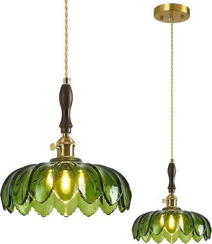 Modern Green Glass Pendant Light Retro Flower Glass Hanging Lamp Gold Brass Decorative Adjustable Ceiling Hanging Light Suitable for Kitchen Island Bedroom Dining Room Living Room
