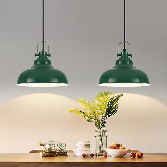 Green Pendant Lights Kitchen Island 2 Pack, Dome Pendant Light, Farmhouse Pendant Light Fixtures (11.41" W), Island Pendant Light for Kitchen, Restaurants, Cafes