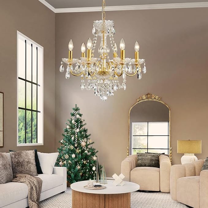 AGV LIGHTING Crystal Chandeliers Light Fixture, Mid-Century Style, Perfect for Living Space, 6-Light Sockets, D21 x H20, Adjustable Chains 59", Shinny Gold Frame
