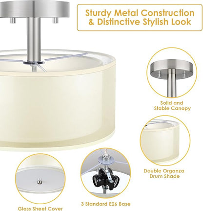 FOLKSMATE Semi Flush Mount Ceiling Light Fixture, Gold 3-Light Drum Light with Double Fabric Shade, Modern Close to Ceiling Lamps for Living Room, Bedroom, Dining Room, Kitchen, Hallway, Entry, Foyer