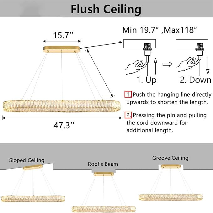 HAIXIANG Modern Crystal Chandelier Dimmable LED Long Chandeliers for Dining Table Pendant Lights Rectangular Glam Lighting Fixtures for Dining Room Kitchen Island Gold