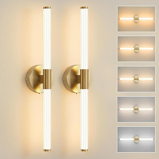 Gold Wall Sconces Set of Two Hardwired, Dimmable 5CCT LED Bathroom Light Fixtures Over Mirror, 360° Full Lighting 23 inch Vanity Light Bar Modern Wall Sconce for Bathroom Bedroom Living Room