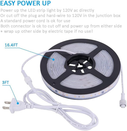 120V Dimmable LED Strip Light, Waterproof IP65, No Need Transformer, Warm White 2800K 110V LED Rope Light, 16.4ft LED Tape Light 115V Under-Cabinet Light Flexible, Dimming by Wall Dimmer Switch