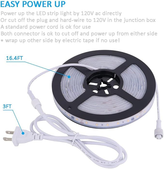 120V Dimmable LED Strip Light, Waterproof IP65, No Need Transformer, Warm White 2800K 110V LED Rope Light, 16.4ft LED Tape Light 115V Under-Cabinet Light Flexible, Dimming by Wall Dimmer Switch