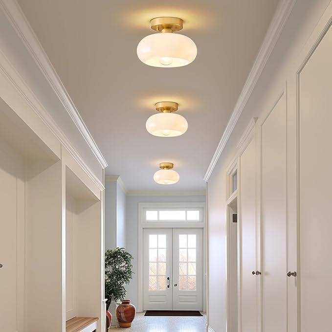 WOKNOS Mid-Century Modern Gold Semi Flush Mount Ceiling Light, Kitchen Ceiling Light Fixture with Glass Shade, Mini White Close to Ceiling Lamp for Entryway Hallway Bathroom (8.66 Inch)