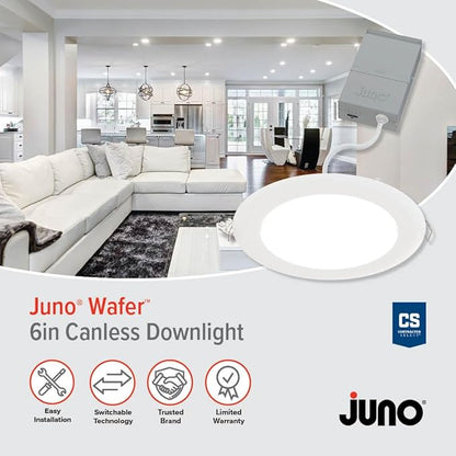 Juno LED Recessed Lights 6 Inch Round Wafer Downlight, 5-in-1 Switchable White Color Temperature, 120 Volts, 6-Inch Ultra-Thin Flat Trim, Matte White, 4-Pack (WF6 SWW5 90CRI MW CP4 M2)