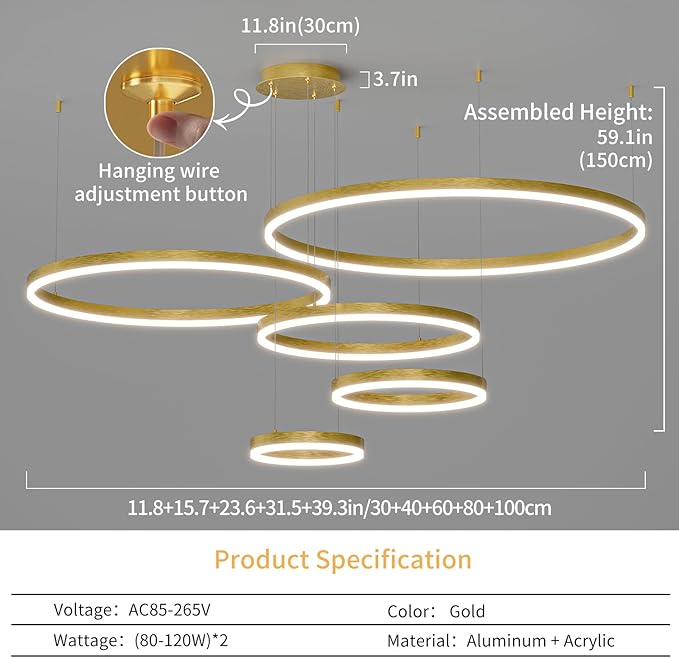 Mikeru Modern 5 Ring Chandelier Light, LED Pendant Light Fixtures with Remote Control 3000k-6500K Adjustable Color Temperature Light for Living Room, Kitchen