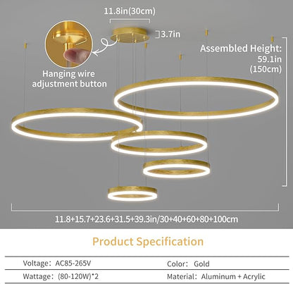 Mikeru Modern 5 Ring Chandelier Light, LED Pendant Light Fixtures with Remote Control 3000k-6500K Adjustable Color Temperature Light for Living Room, Kitchen