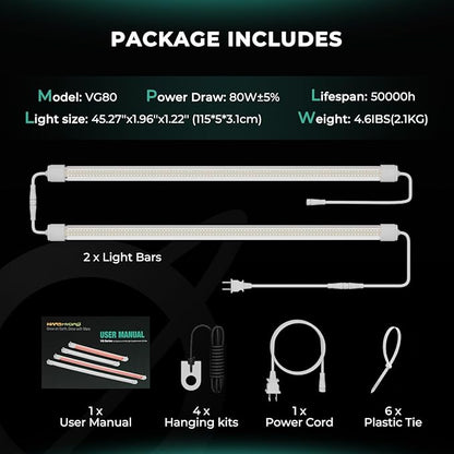MARS HYDRO VG80 Plant Grow Light,4ft 5000K Full Spectrum LED Grow Lights for Indoor Plants, 2x4 Coverage, IP65 Waterproof Linkable Under Canopy Plant Light Strip for Seedling Veg Flower,2-Pack(2x40W)