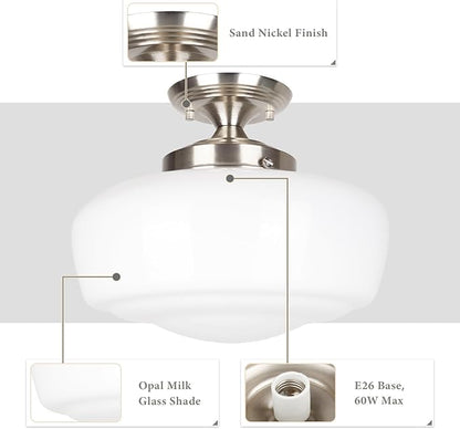 Large Schoolhouse Style Semi Flush Mount Ceiling Light Fixture, 14" Modern Hallway Ceiling Lamp with Opal Milk Glass Shade, Farmhouse Globe Light for Bedroom Kitchen Hallway Entryway, ROS588L SN