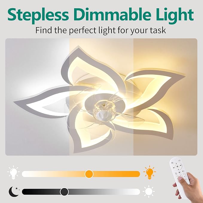 Ceiling Fan with Lights Remote Control, 3 Colors, 6 Speeds, 24" Geometric Bladeless Ceiling Fan, White Low Profile Ceiling Fan with Light for Kitchen Bedroom