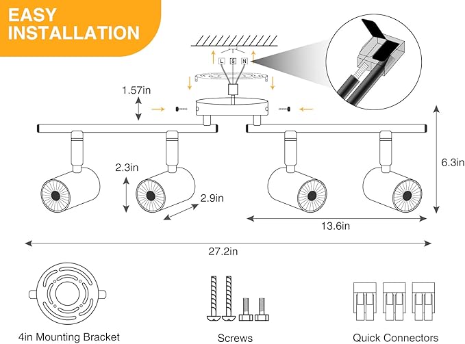 VANoopee 5-Color 4 Light LED Track Lighting Fixtures Ceiling for Kitchen, Dimmable Track Lighting Kit, Ceiling Spotlight Flush Mount Adjustable Directional Spot Lights Indoor, White CRI90 2400lm 30W