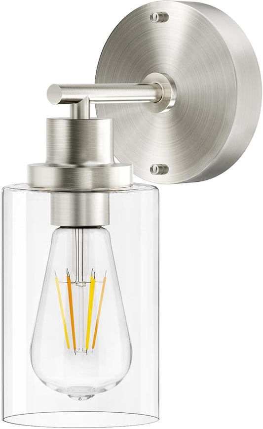 BUTHY Brushed Nickel Wall Light: LED Wall Sconces Indoor, Modern Sconces Wall Lighting with E26 Base and Clear Glass Shade, Wall Light Fixtures for Bedroom, Hallway, Mirror, Living Room