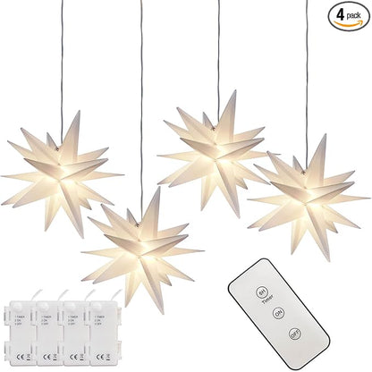 Leejec 9.4" Moravian Star Outdoor Light with Remote Control, Christmas Decorations, Indoor Hanging, Warm White LED Light, Battery Operated with Timer Function, 4-Pack, Tree, Ceiling, Balcony Décor