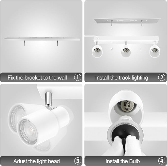 Plug-in Track Lighting LED, Track Light Fixtures Ceiling, White 3-Light Ceiling Lights for Kitchen, 3 Way Spotlight with Cord, Rotatable Wall Mount Light Head for Bedroom Hallway, Bulb Not Included