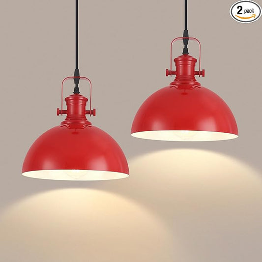 Red Pendant Lights 2 Pack, 9.8" Farmhouse Pendant Lights, Industrial Pendant Light, Modern Pendant Lighting for Kitchen Island Dining Room Bedroom