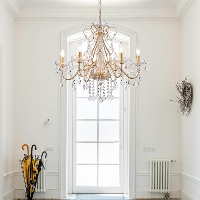 AGV LIGHTING Crystal Chandelier Gold 6-Light Candle Style Chandelier Lighting with Clear Crystal Pendants Elegant Dining Room Chandelier Light Fixture for Bedroom Living Room Foyer