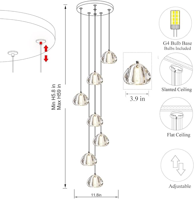Modern Crystal Foyer Chandelier 7-Lights Raindrop Pendant Light Fixture, Bubble LED Flush Mount Staircase Living Room Light Fixture Black