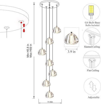 Modern Crystal Foyer Chandelier 7-Lights Raindrop Pendant Light Fixture, Bubble LED Flush Mount Staircase Living Room Light Fixture Black