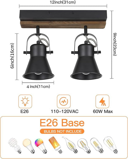 2-Light Track Light Fixtures, Adjustable Ceiling/Wall Mount, Industrial Black Kitchen Track Lighting for Living Room, Dining Room, Hallway, Bathroom