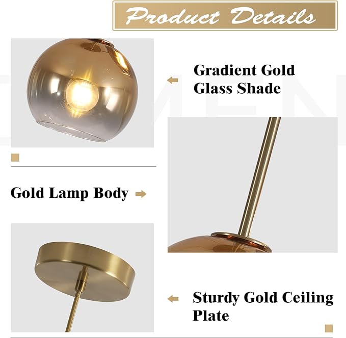 KCO Lighting 1-Light Modern Glass Pendant Lights Large Gold Globe Pendant Light Mid Century Single Pendant Light Kitchen Island Dining Room Lighting Fixtures Ceiling Hanging