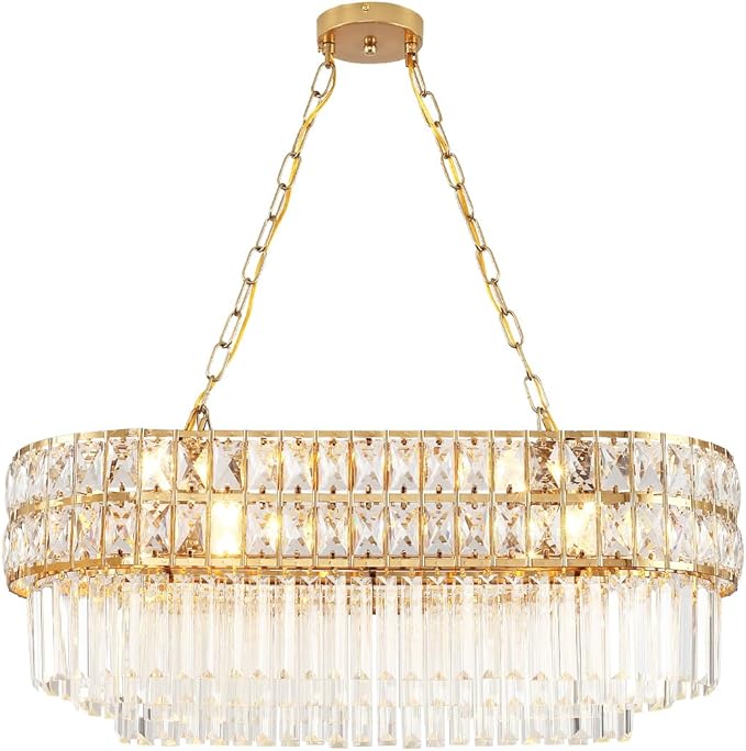 Modern Crystal Chandelier Gold Finish Light Fixture, Oval Crystal Pendant Light Hanging Lamp, for Living Room, Dining Room, Restaurant, E12 x 8, 29.5 x 13 inch