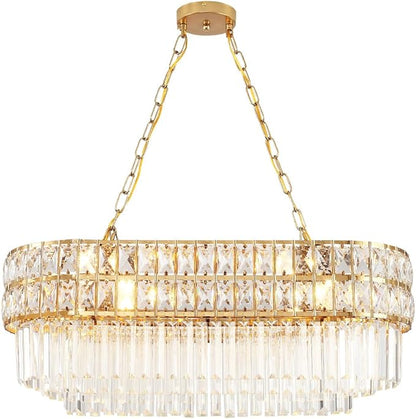 Modern Crystal Chandelier Gold Finish Light Fixture, Oval Crystal Pendant Light Hanging Lamp, for Living Room, Dining Room, Restaurant, E12 x 8, 29.5 x 13 inch
