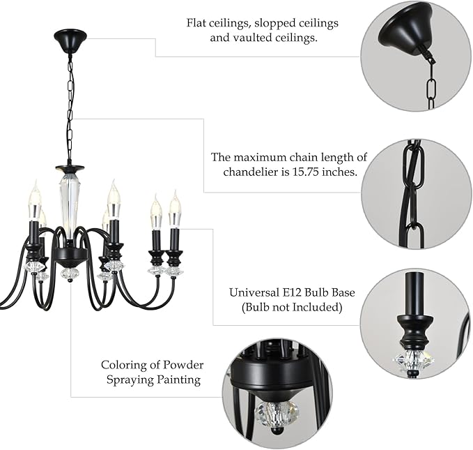 Black Chandelier, 8-Light Farmhouse Candle Chandelier for Living Room, Rustic Industrial Pendant Chandeliers for Dining Room, Vintage Crystal Hanging Light fixture for Hallway Kitchen Foyer E12