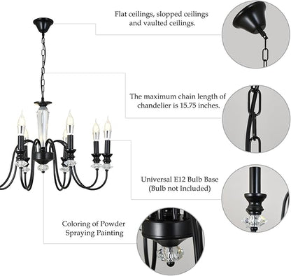 Black Chandelier, 8-Light Farmhouse Candle Chandelier for Living Room, Rustic Industrial Pendant Chandeliers for Dining Room, Vintage Crystal Hanging Light fixture for Hallway Kitchen Foyer E12