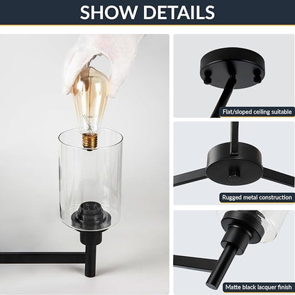 LIGHTDAMY 3 Lights Black Chandeliers for Dining Room Light Fixture Over Table, Entryway Chandelier for Foyer, Hallway Lighting Fixtures with Glass Shade for Dining Room Kitchen Island Foyer Hallway